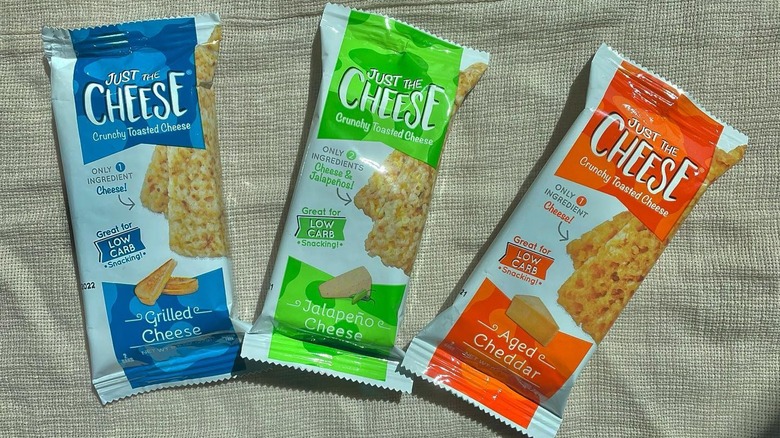 Three flavors of Just the Cheese snack bars