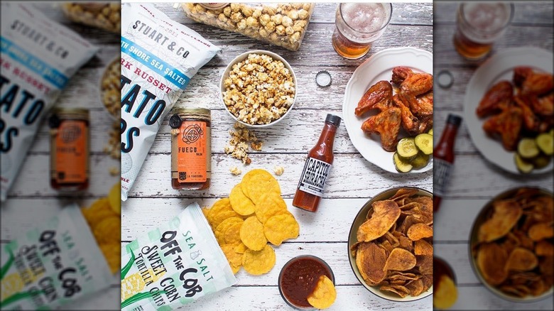 Chips and spicy snacks flat lay