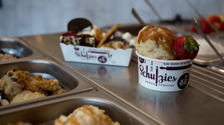 Cup of Schulzies bread pudding in kitchen