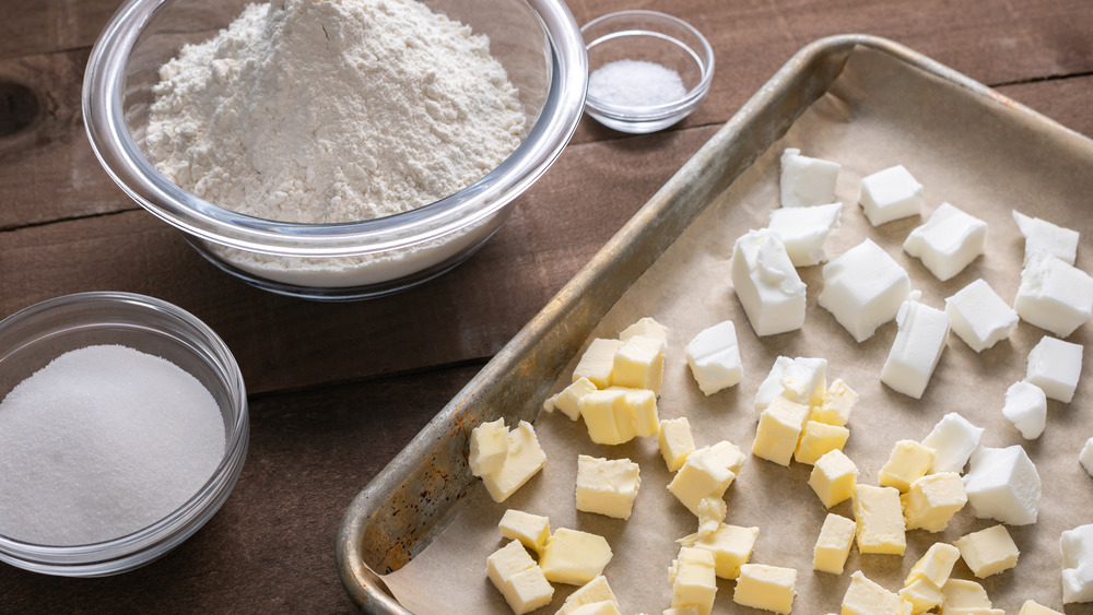 cubes of butter and lard on a pan