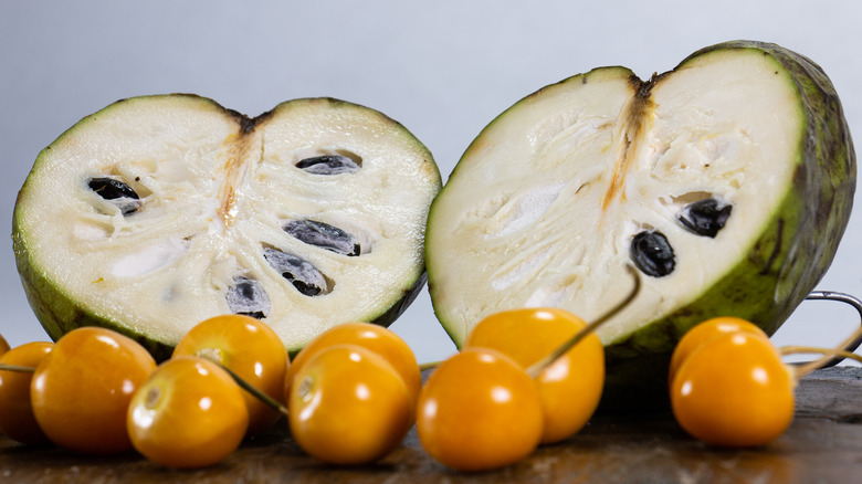 Cherimoya slices on wood