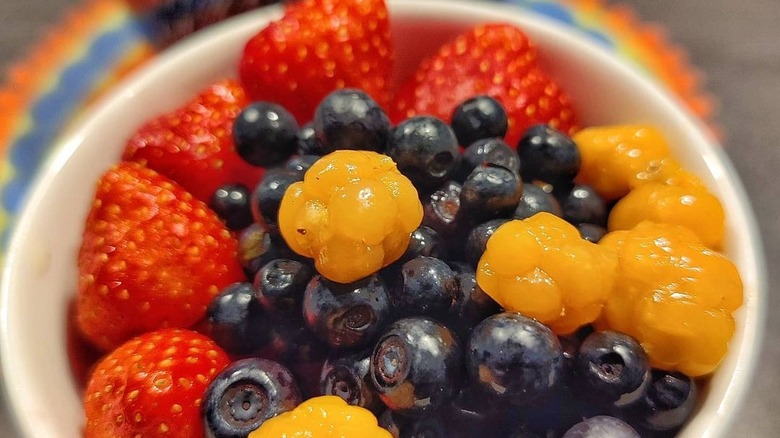 Bowl of fruit with cloudberries