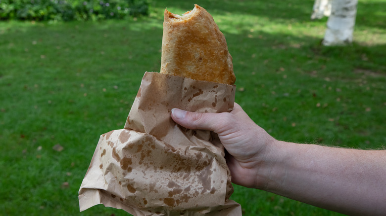 Cornish pasty in a brown bag