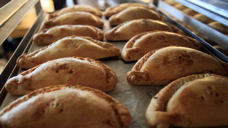 Rows of baked Cornish pasties