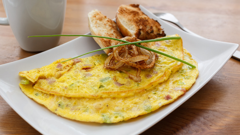 Denver omelet with fried onions, toast and coffee