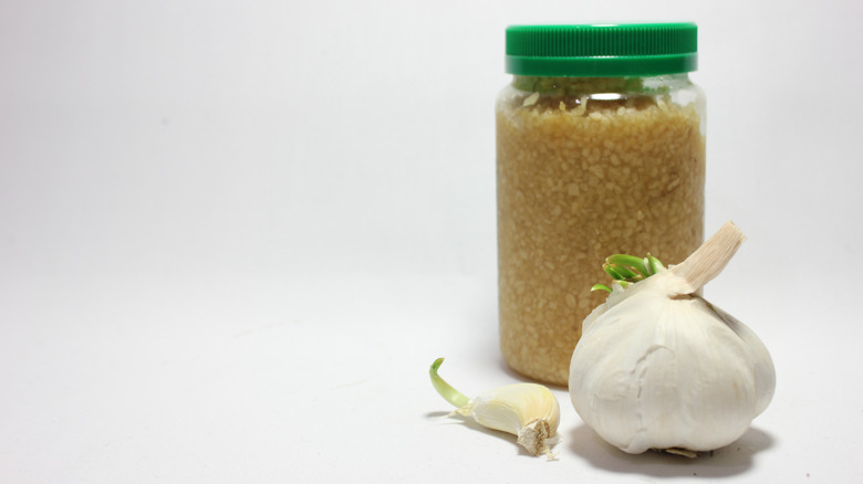 Jar of minced garlic and head of fresh garlic