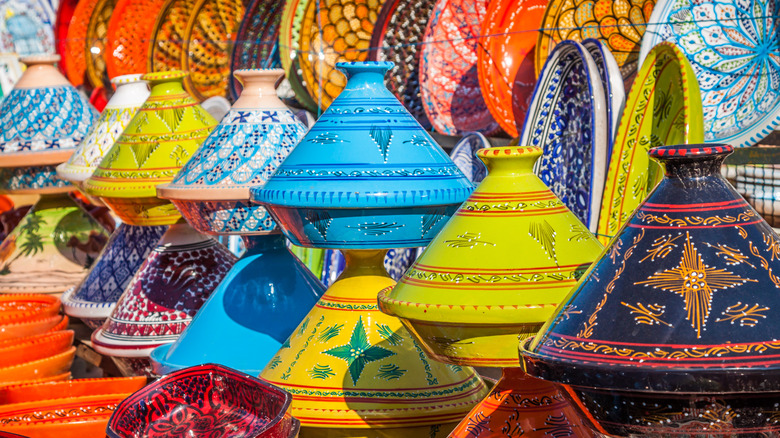 Colorful tagines on display in Moroccan market