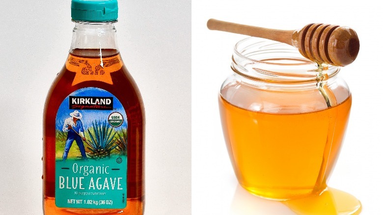 A bottle of agave syrup and a jar of honey