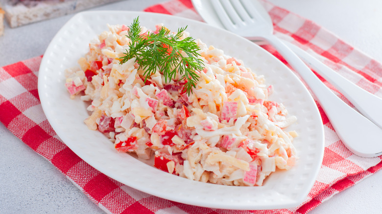 Seafood salad on a white plate