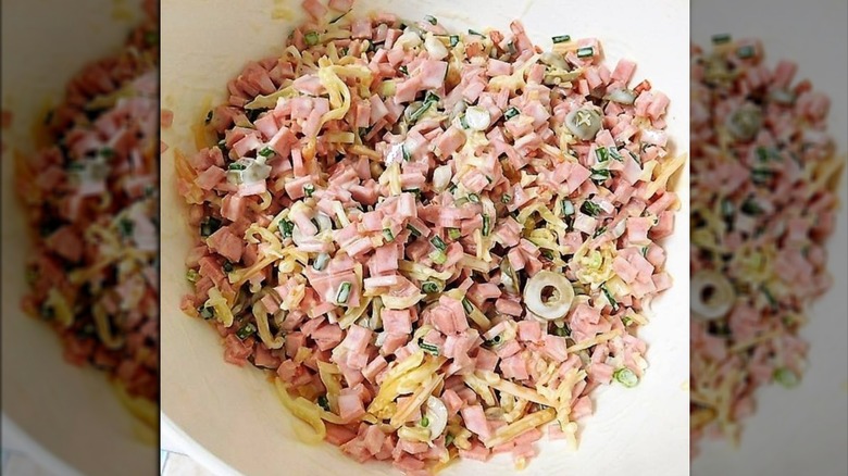 Bologna salad in a white bowl