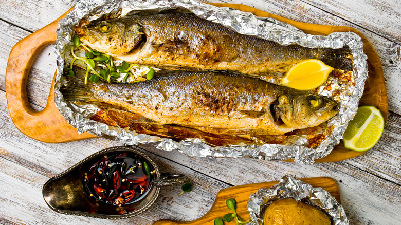 cooked branzino on foil