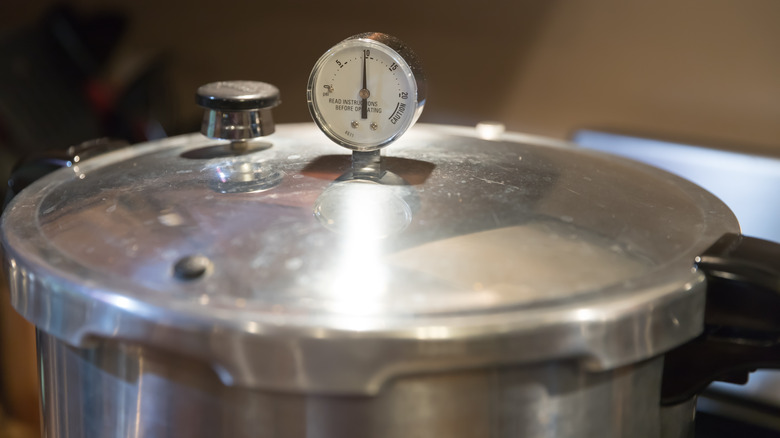 A stainless steel pressure cooker lid with pressure gauge reading 10 pounds of pressure. Pressure canners are used to can vegetables from the garden.