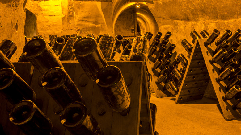 Champagne bottles in cellar