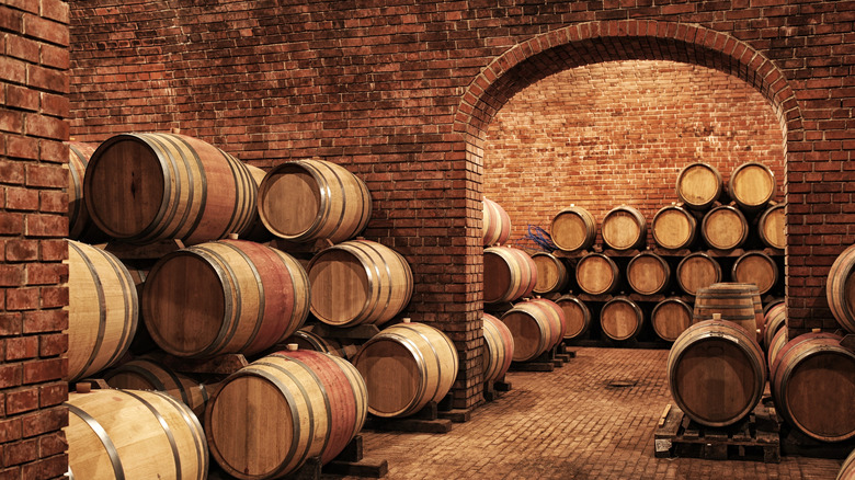 Oak barrels in wine cellar