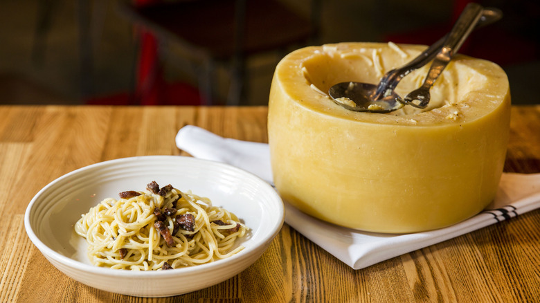 Bowl of cheese wheel pasta