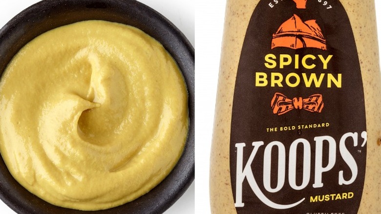 Chinese hot mustard in a bowl and spicy brown mustard in a bottle