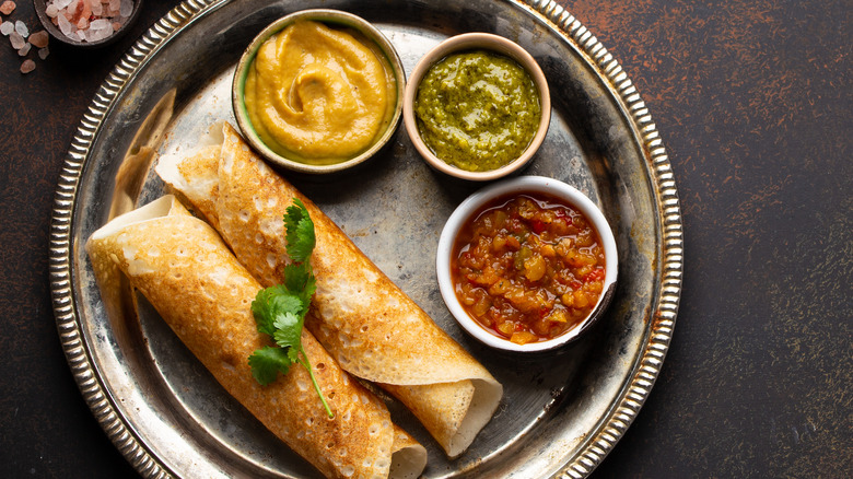 Dosa (Indian pancakes) with chutneys