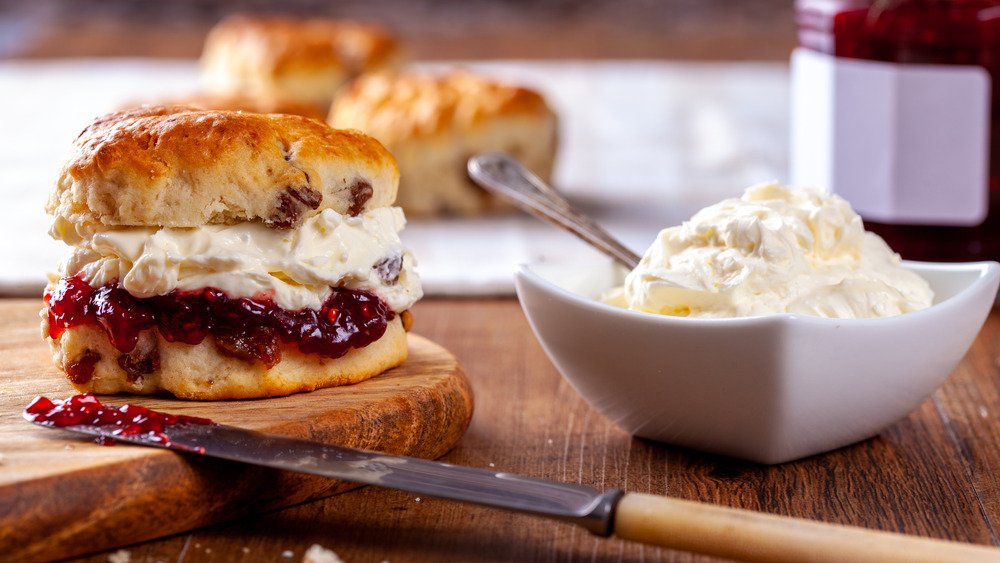 Scone with strawberry jam and clotted cream