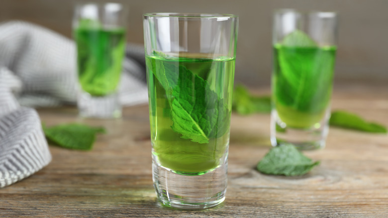 creme de menthe shots with mint leaves