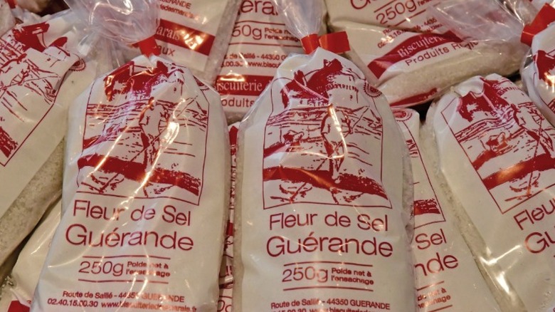 Red and white bags of fleur de sel salt