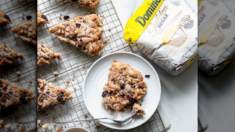 Chocolate chip scones with golden sugar bag