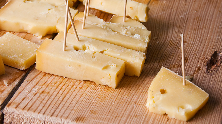 Cut chunks of Gruyère cheese