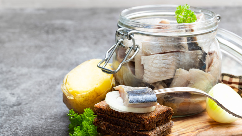 Pickled herring in jar