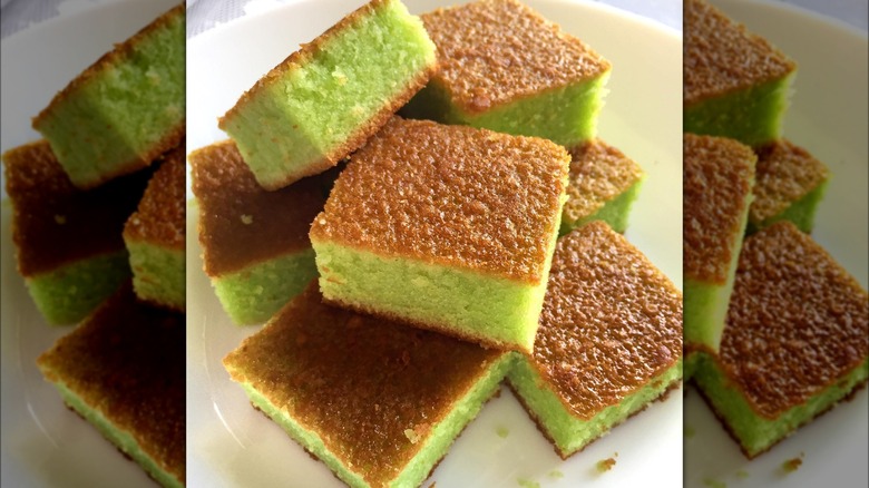 Squares of Pandan hot milk cake