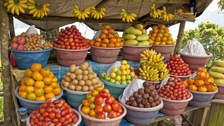 Tropical fruit market shelves