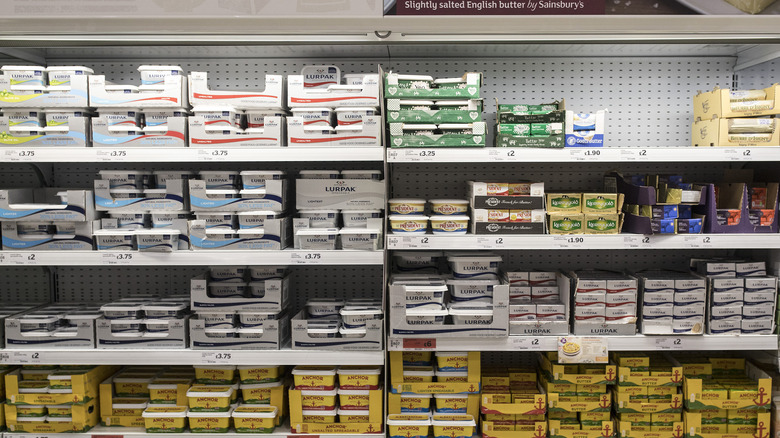 Margarine and butter on a retail shelf