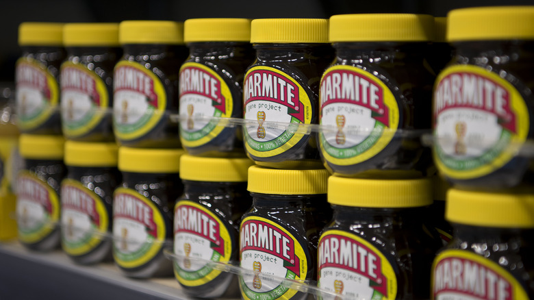 Jars of Marmite on grocery store shelf