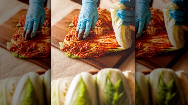 Chef preparing kimchi from napa cabbage