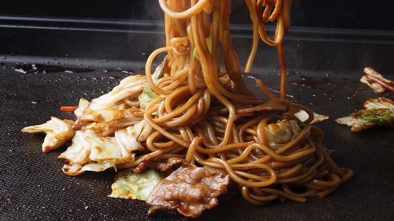 Yakisoba on a griddle