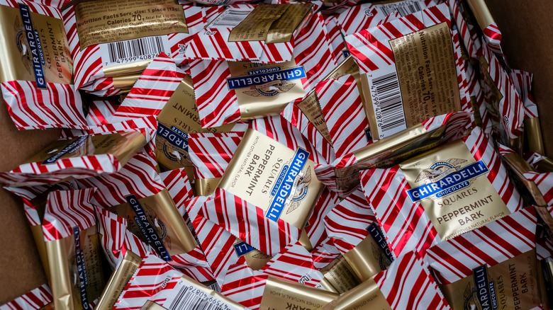 Pile of Ghirardelli peppermint bark squares