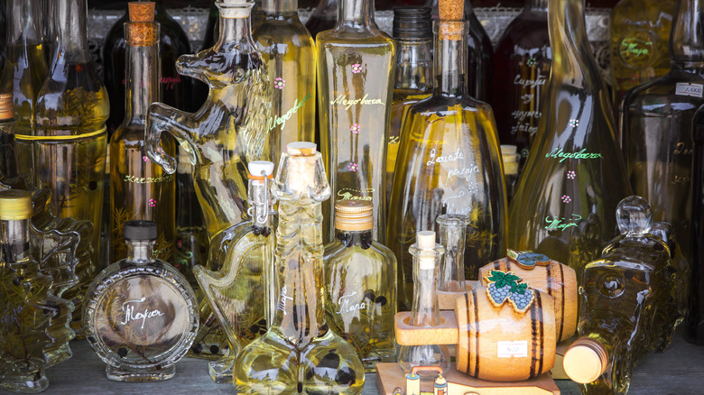 rakia in assorted bottles