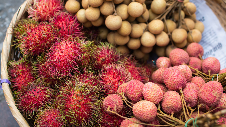 A basket of rambutans and lychees