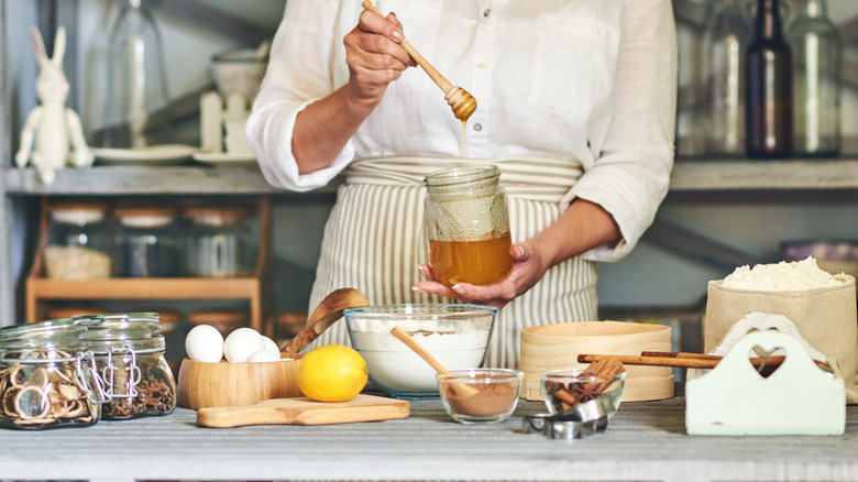 Jar of honey in a kitchen