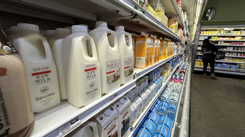 Raw milk in the dairy aisle of a grocery store