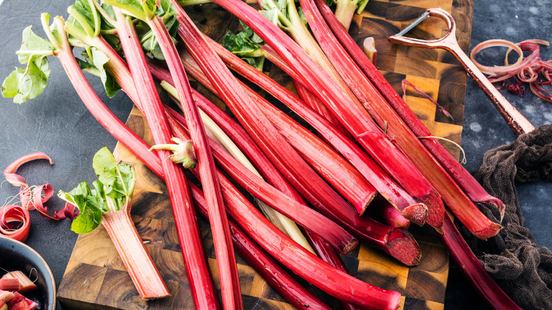 Rhubarb on a cutting board