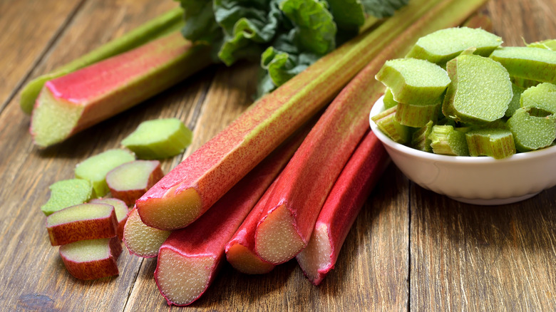 Sliced Rhubarb on a brown cutting board