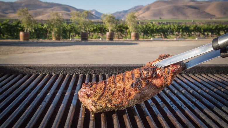 Steak on grill with mountains in distance 