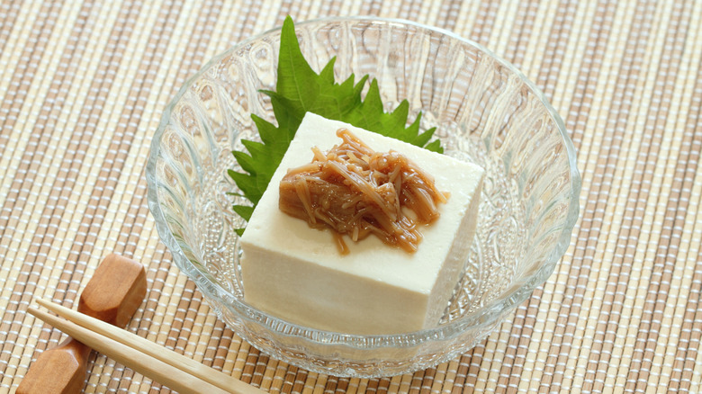 Tofu on top of a shiso leaf