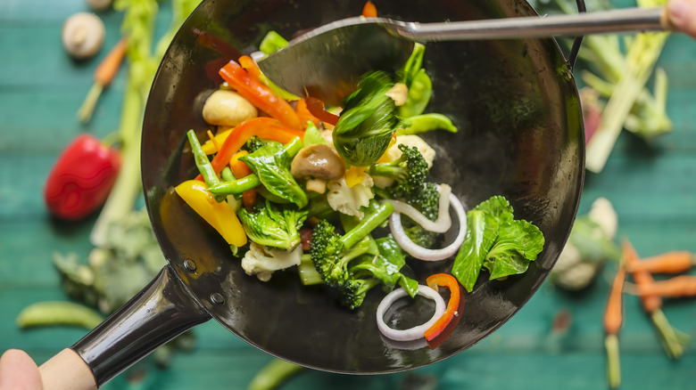 Vegetable stir fry in a wok