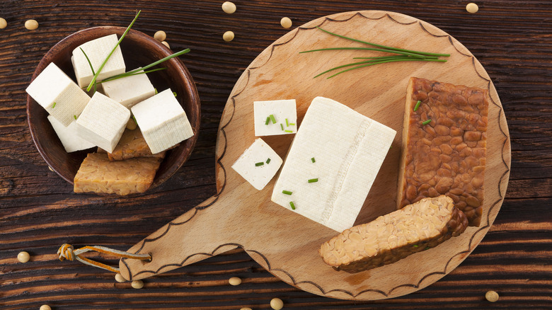 Tofu and tempeh blocks on wooden board