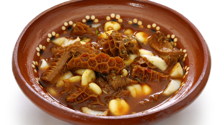 Mexican menudo with stewed tripe and hominy