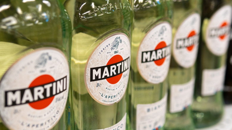 Row of Martini brand vermouth bottles
