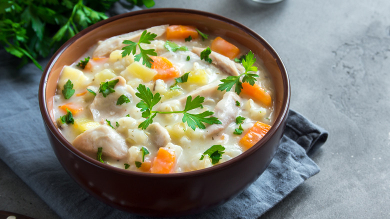 A bowl of chicken and wild rice soup