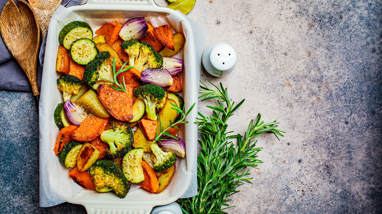 Dish of roasted vegetables including zucchini
