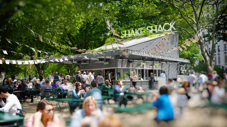 A focused in shot of Shake Shack in Madison Square Park