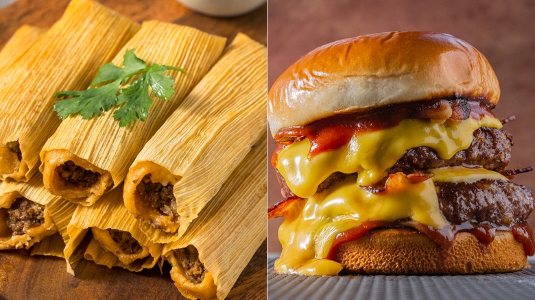 tamales, bacon cheese burger